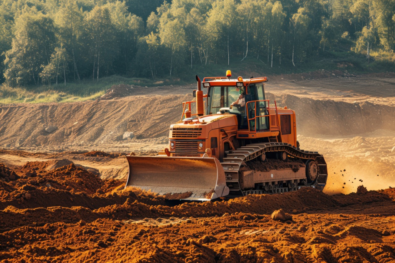 Bulldozer laranja em terraplanagem